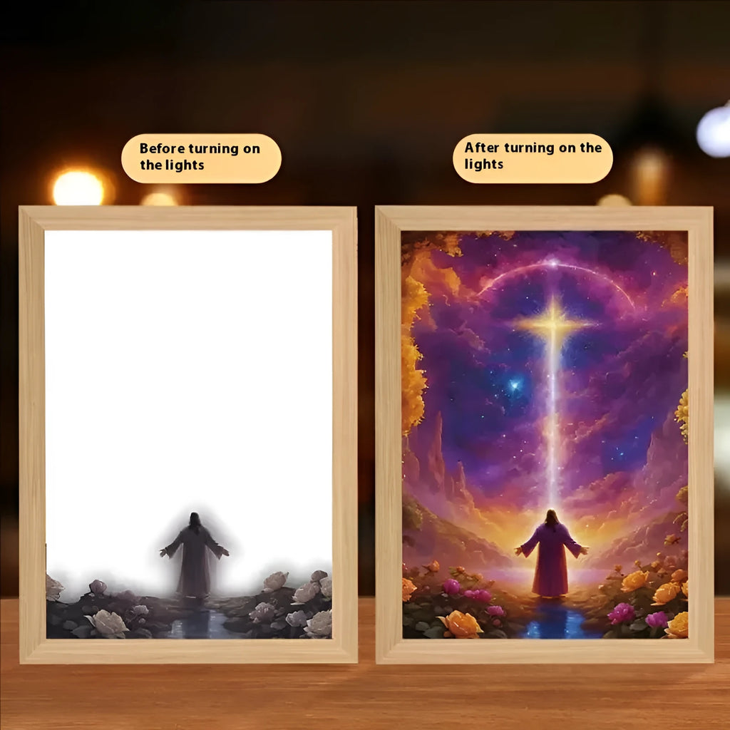 Modern rectangular handmade picture frame with illuminated spiritual artwork, showing USB cable.