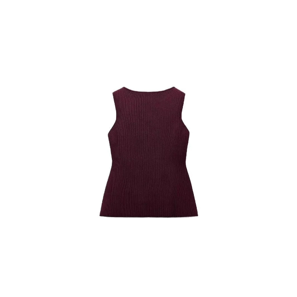 Dark red slim-fit viscose sweater vest with a 3D pattern on a hanger.