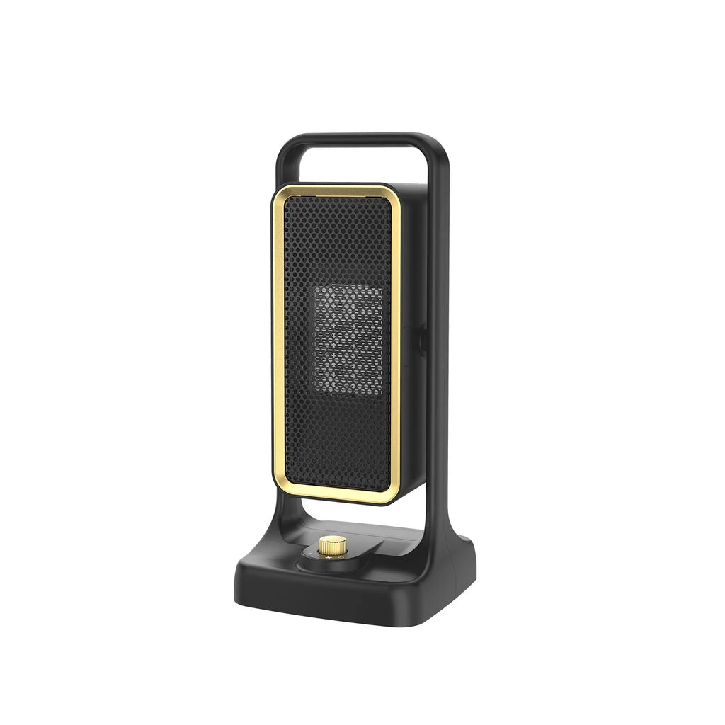 Black HQ-500A PTC ceramic desktop air heater with control knob on front.
