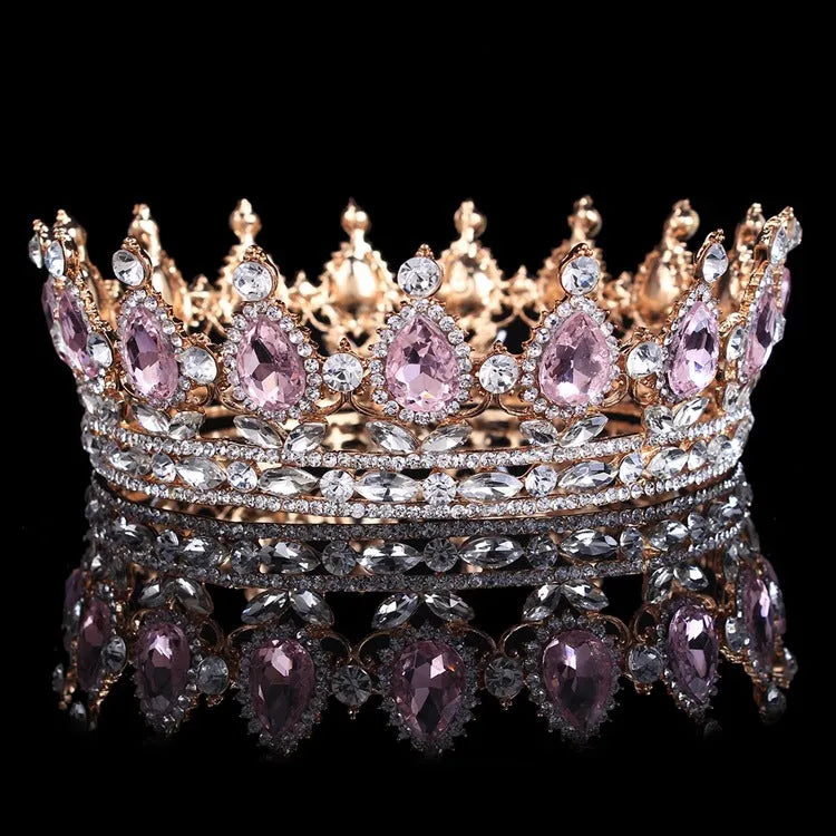 Baroque bridal crown headdress with rhinestones on alloy base, 12.5cm diameter, 5cm height in gold finish
