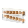 Clear plastic slide-out egg tray dispenser holding 12 eggs on refrigerator side door shelf