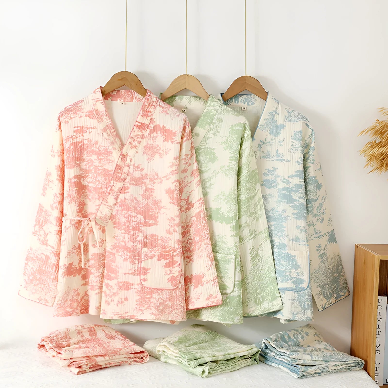 Women's cotton gauze loungewear set with long sleeve trousers in frosted pine tree colour options