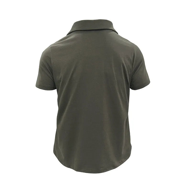 Men's short sleeve polo shirt with lapel collar, button front, and pockets in Army Green