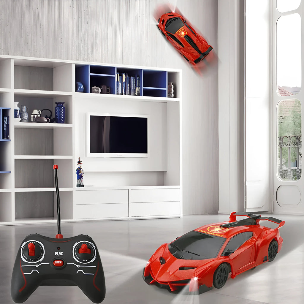 Remote control wall climbing car 1/28 scale ABS toy in red, blue, or yellow, 16 x 6 x 3.5 cm