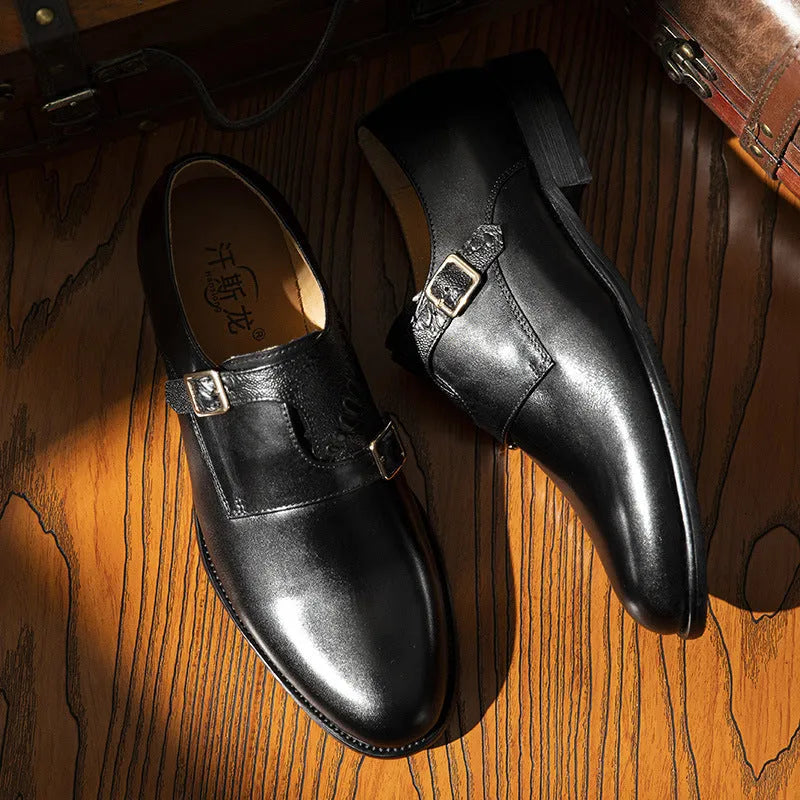 Men's first layer cowhide round toe double buckle retro style leather shoes black