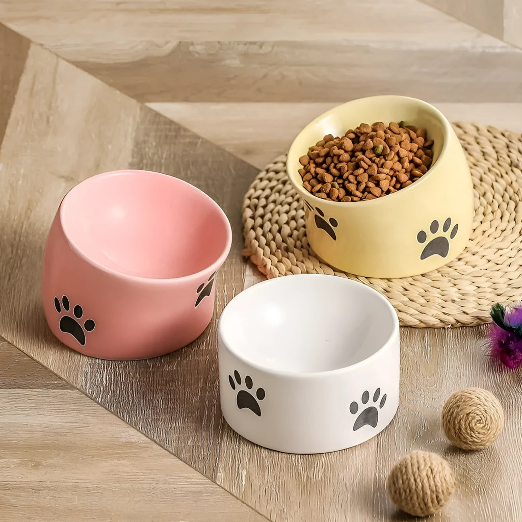 Ceramic cat bowl with oblique mouth and high foot in cat's paw black colour