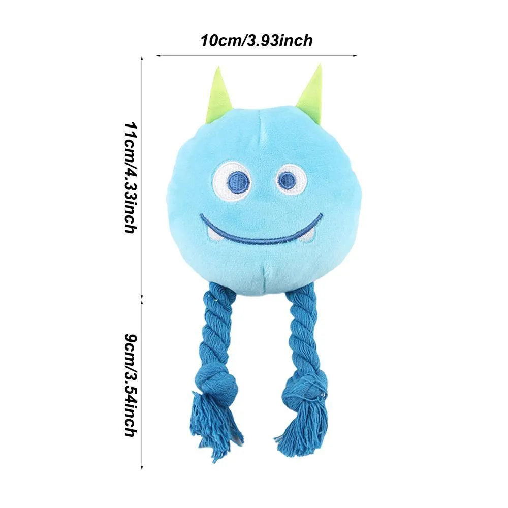Blue cartoon-shaped dog squeaky toy with knotted cotton rope construction