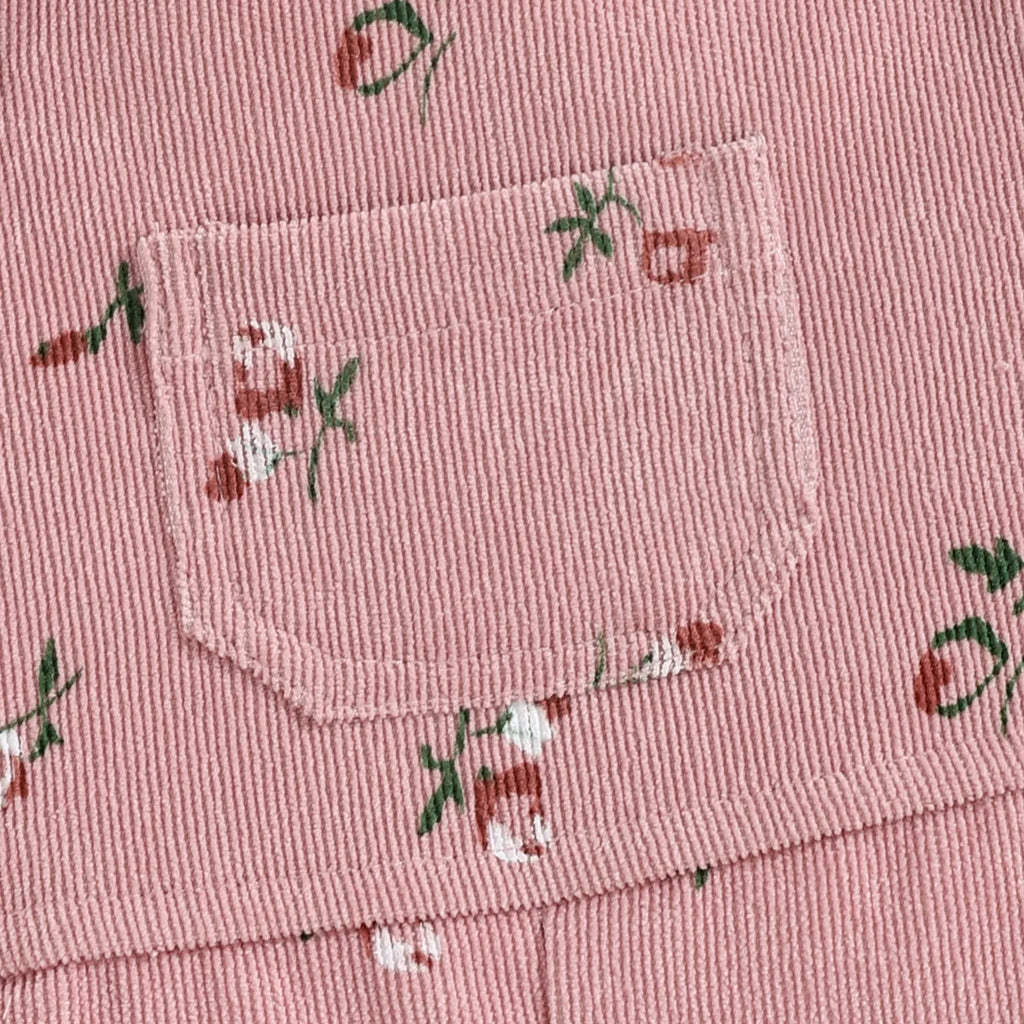 Girls long-sleeved printed cotton blouse and corduroy suspender trousers suit in pink