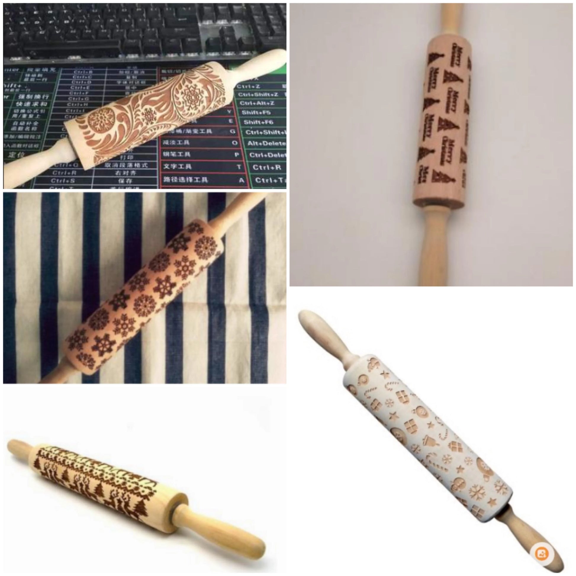 Personalized Christmas rolling pin with a variety of embossed holiday designs, including snowflakes, reindeer, and Merry Christmas patterns