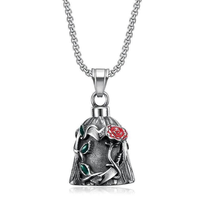 Titanium steel geometric motorcycle lucky bell with polished finish and double-sided epoxy rose design