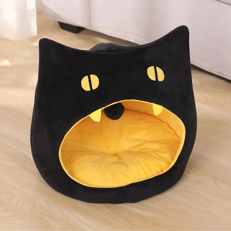Soft plush covered cat-shaped pet bed with anti-slip bottom in multiple colour options
