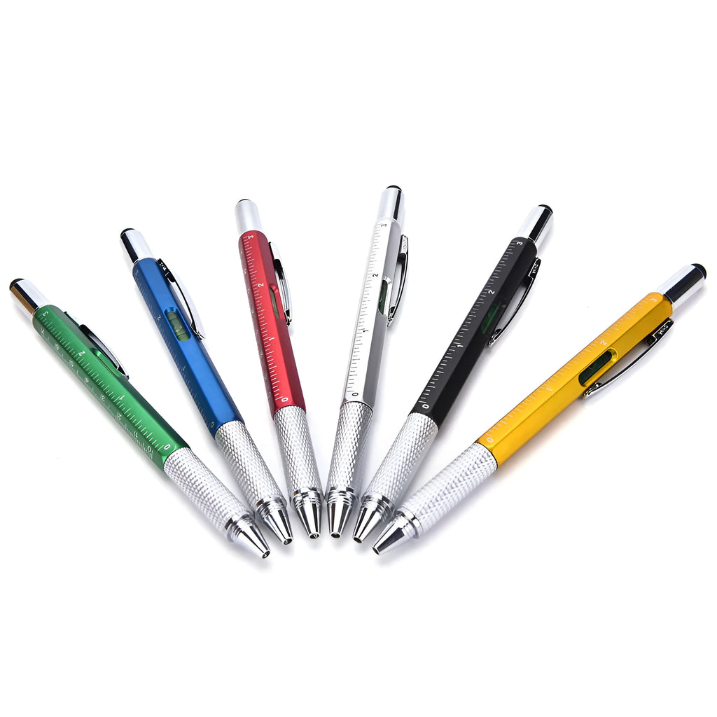 6 in 1 touch screen stylus ballpoint pen with spirit level, screwdriver tips, and scale