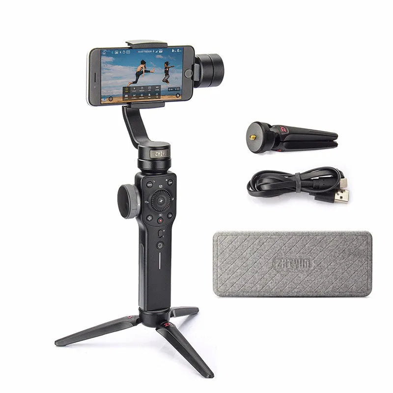 Black ABS plastic handheld smartphone video stabiliser gimbal on a table.