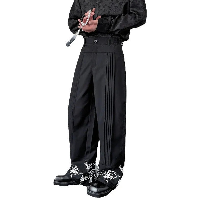 Black pleated wide leg trousers with straight cut, medium elastic waist and fold craft, sizes M L XL