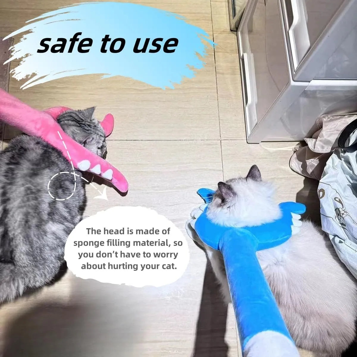 Blue plush cat wand toy extended to 70cm length with foam-filled front section