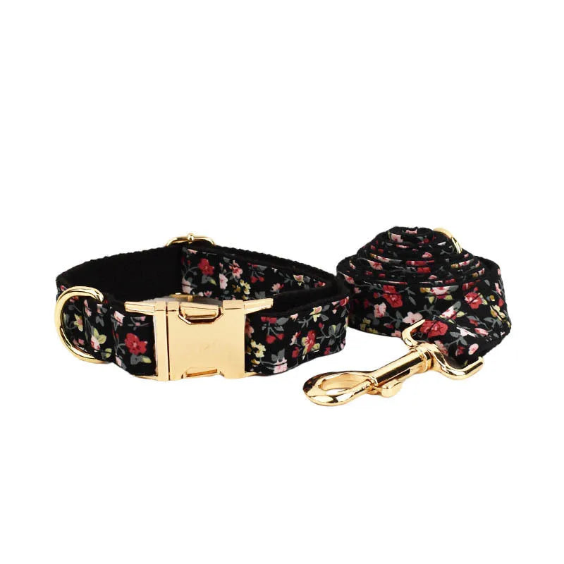 Four-piece dog accessory set showing removable bow collar, leash, vest and decorative bows in coordinated colours