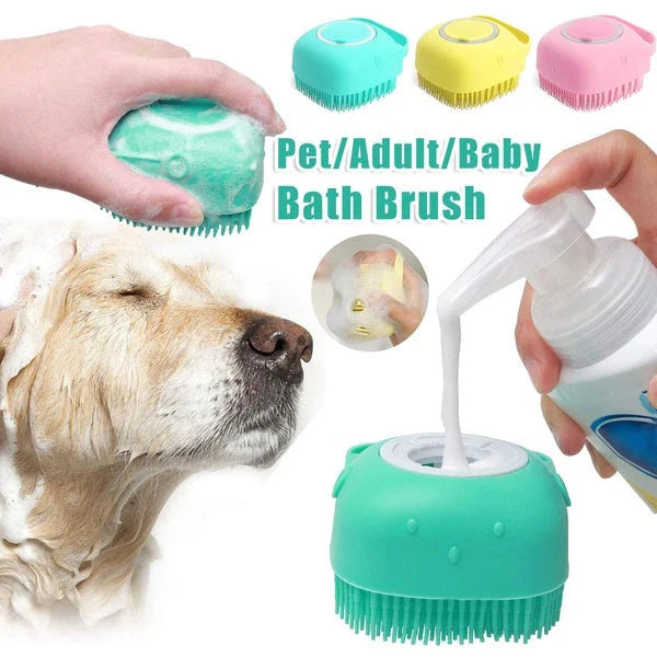 Silicone pet bath brush with soft bristles for gentle cleaning and massage of dogs, cats, and other small animals