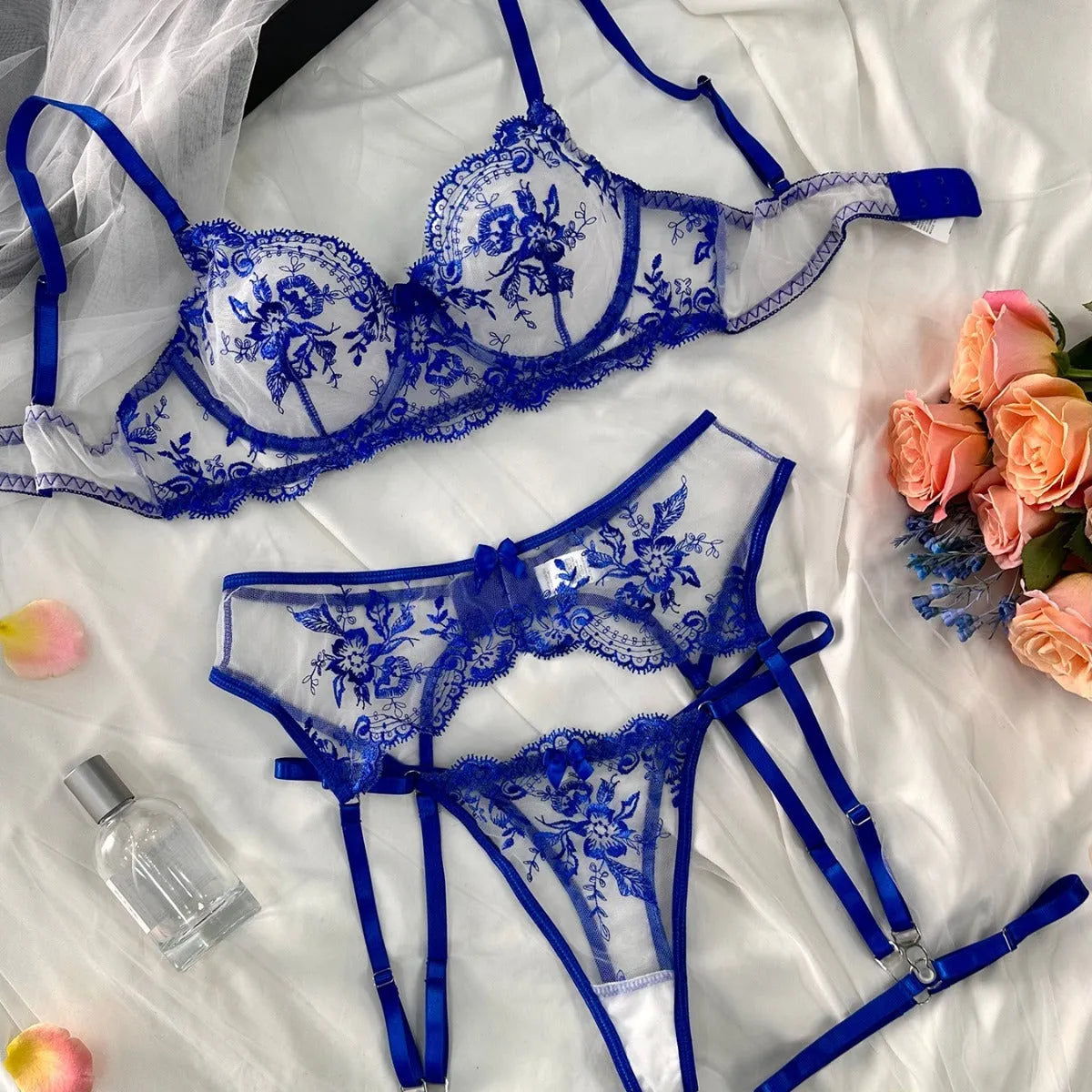 Women's see-through embroidered underwear suit with cutout design and garters in three colour options