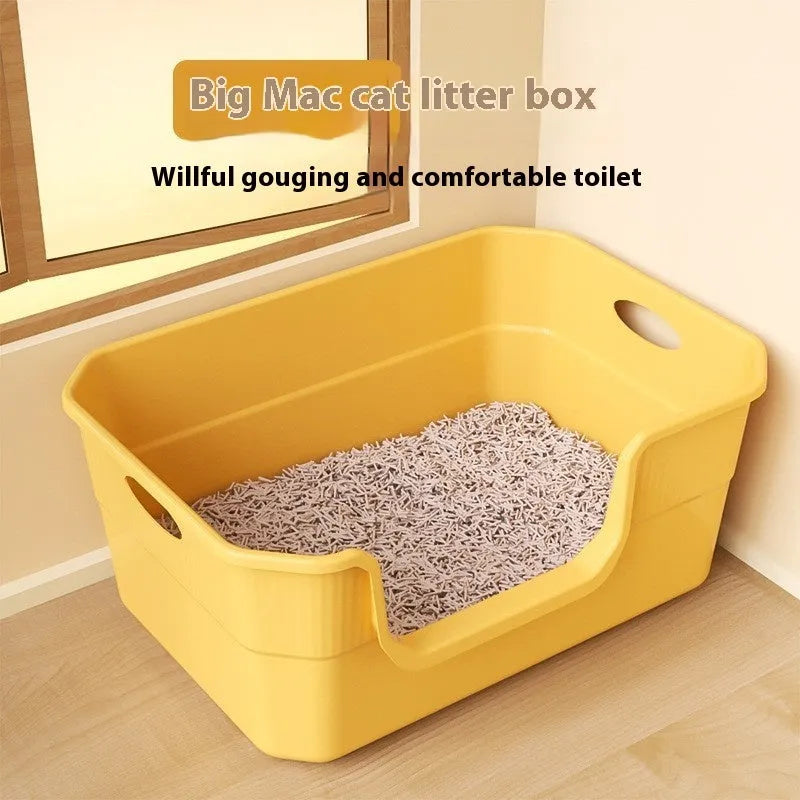 Oversized open semi-closed cat litter box in assorted colours on a white background.
