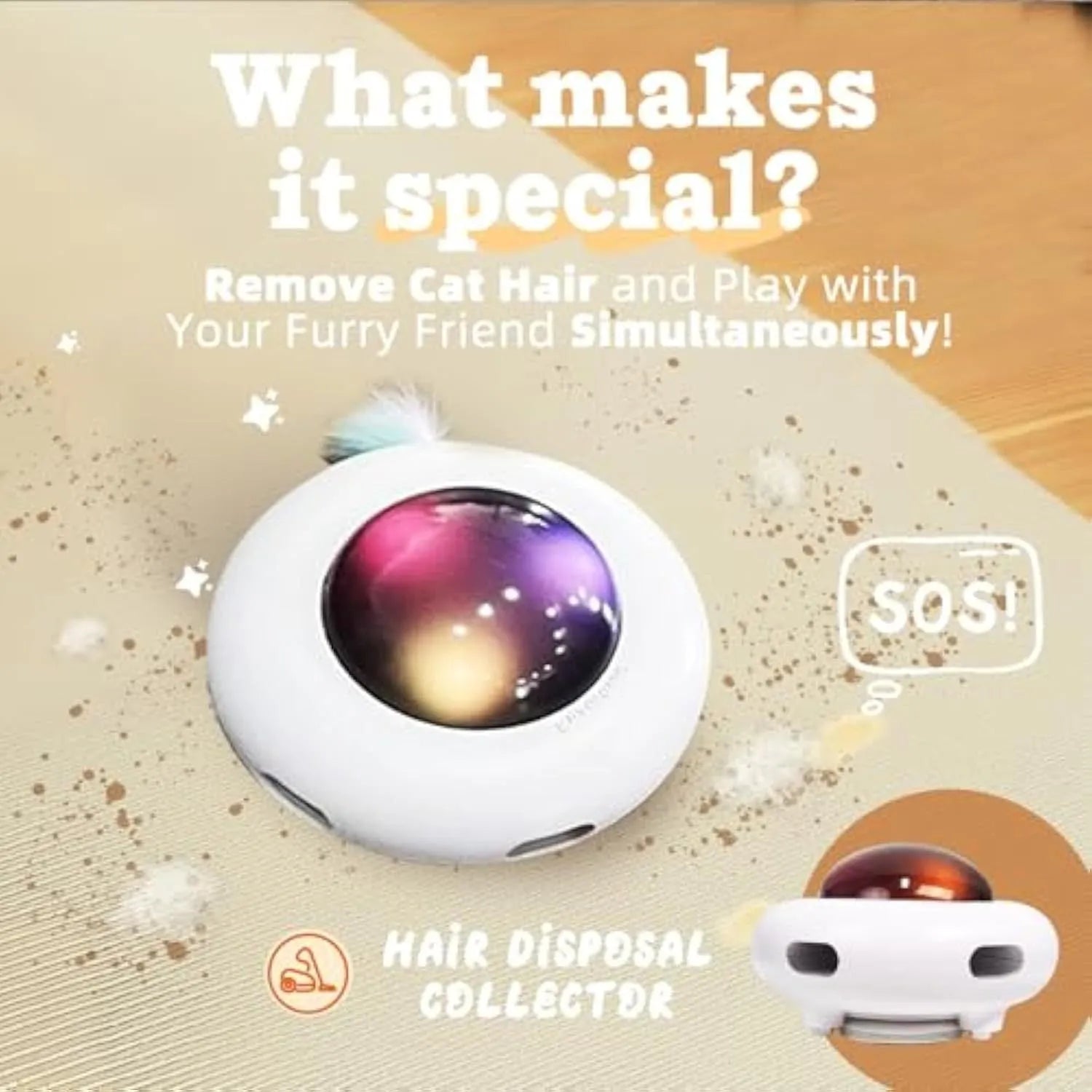 White automatic cat toy with feathers and cleaning ring on floor