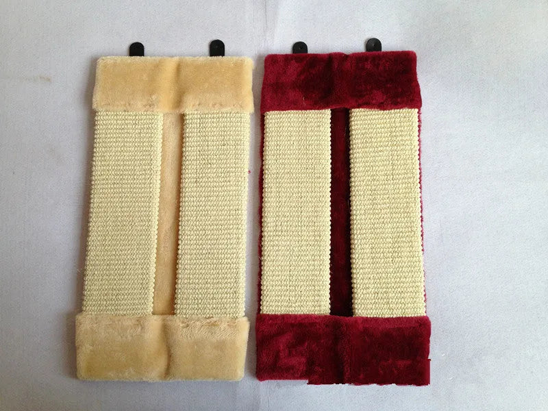 Foldable beige cat scratcher with natural sisal rope and E1 board on a wooden floor