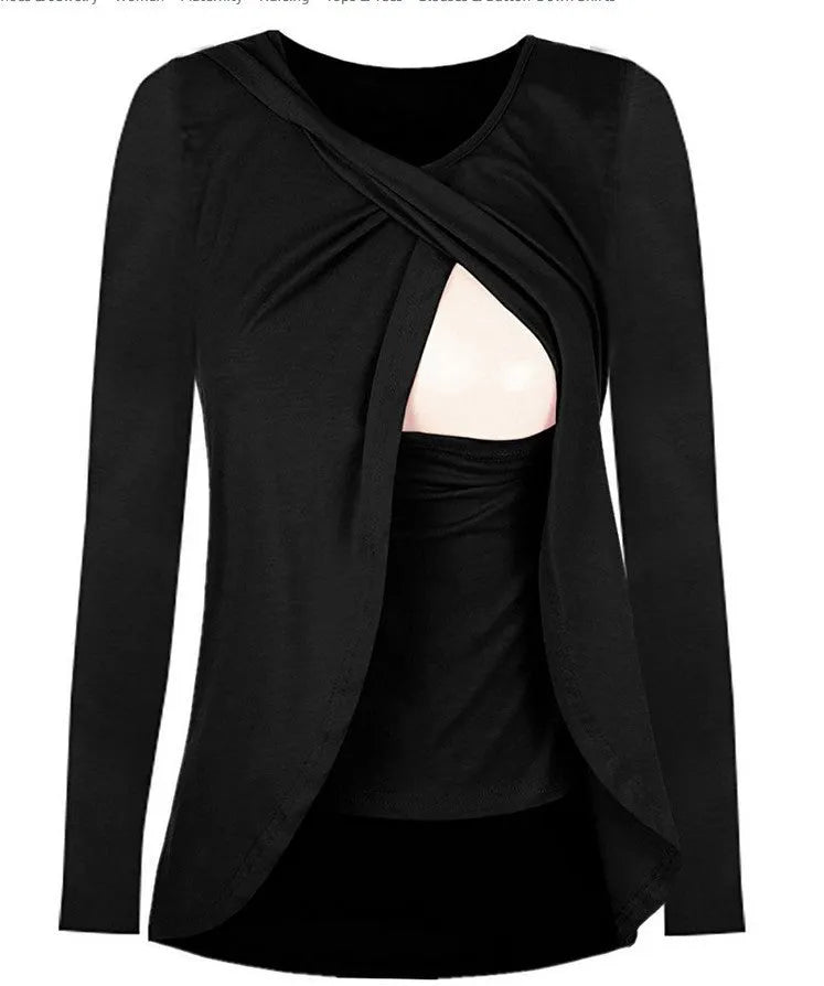 Europe maternity cotton round neck feeding shirt blouse 8962 in solid colour for pregnant women