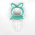 Food-grade silicone and PP baby teether in cartoon blue, green, or purple, sizes L M S, 120°C heat resistant.