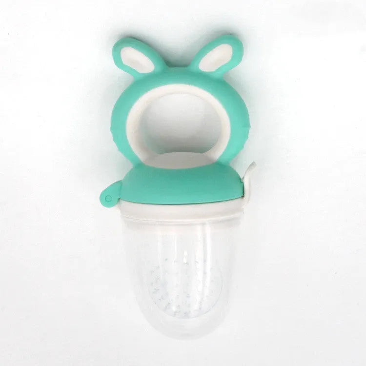 Food-grade silicone and PP baby teether in cartoon blue, green, or purple, sizes L M S, 120°C heat resistant.