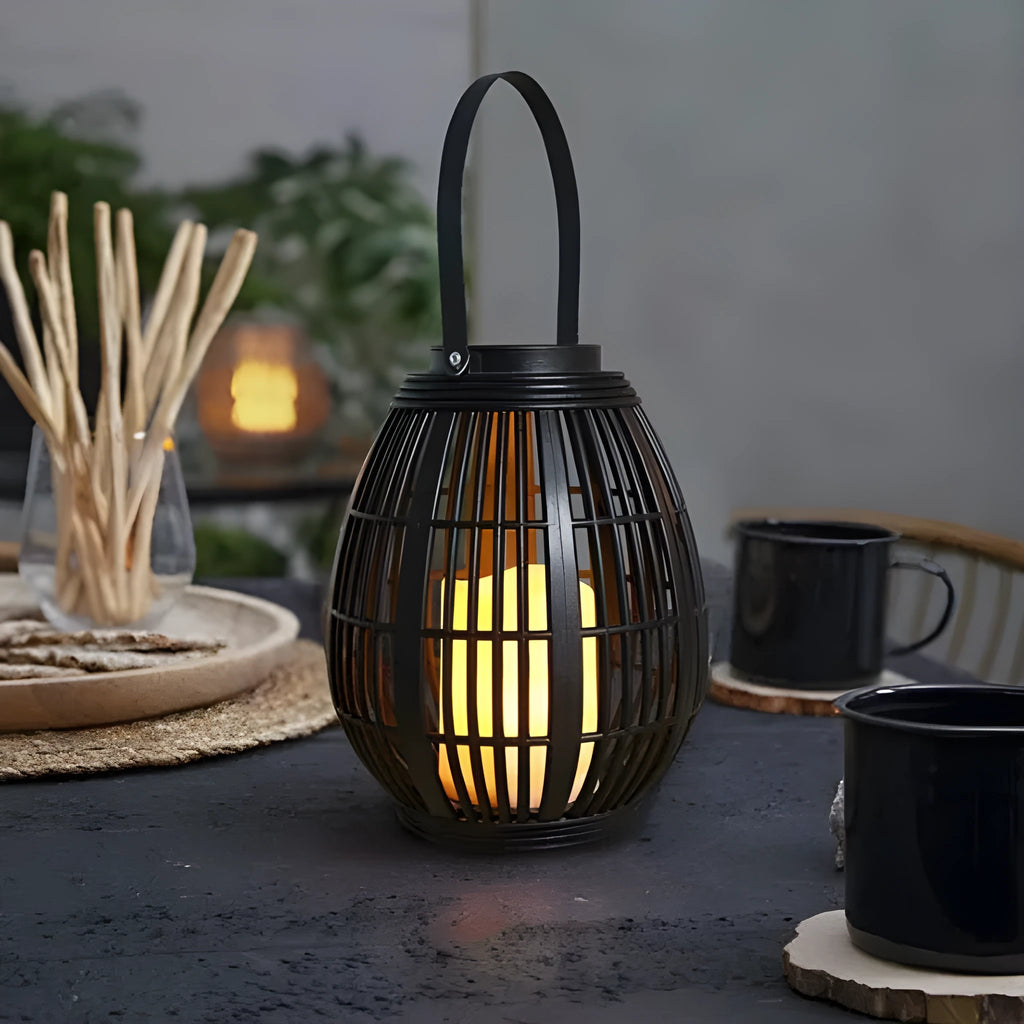 Solar retro patio rattan garden light with oval design and LED illumination