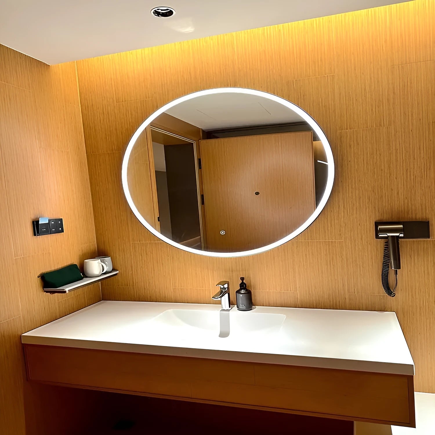 Round black aluminium frame LED wall-mounted bathroom mirror with touch dimming.