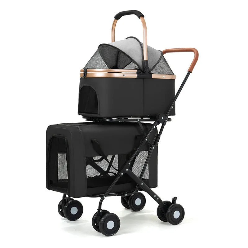 Double-layer portable pet stroller with metal frame in Army Green, suitable for two separated pets.