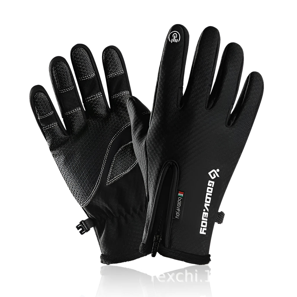 Unisex winter cycling gloves in black made of polar fleece with split finger design and printed pattern