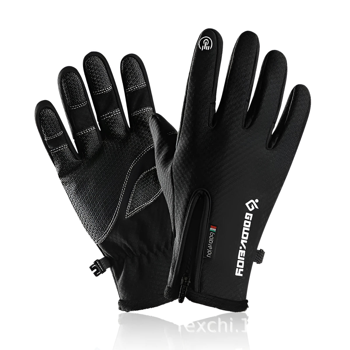 Unisex winter cycling gloves in black made of polar fleece with split finger design and printed pattern