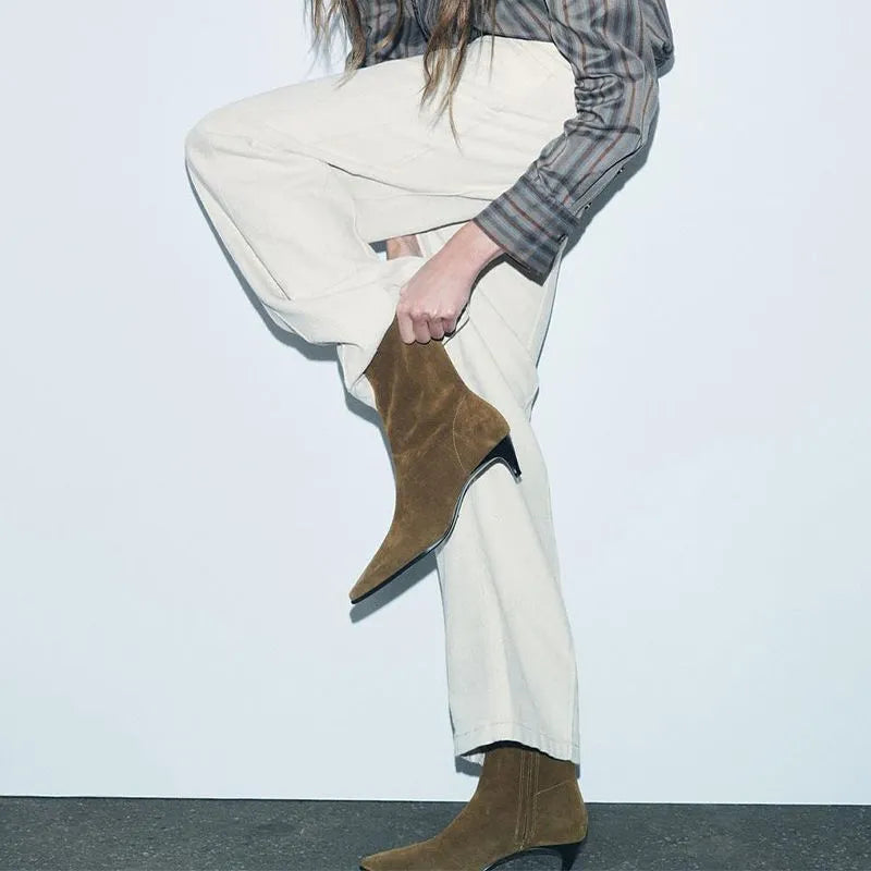 Women's brown square toe mid-calf boots with a side zipper and stiletto kitten heel on a waterproof platform sole