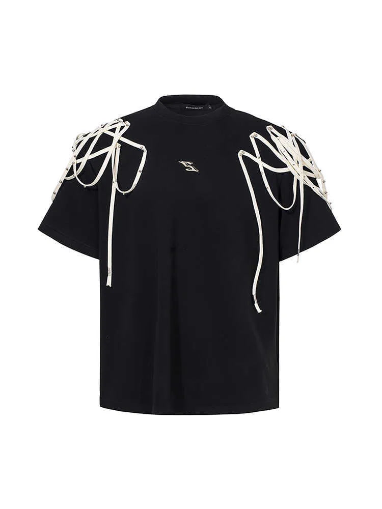 Black loose fit T-shirt with rivet ribbon padded shoulders and short sleeves