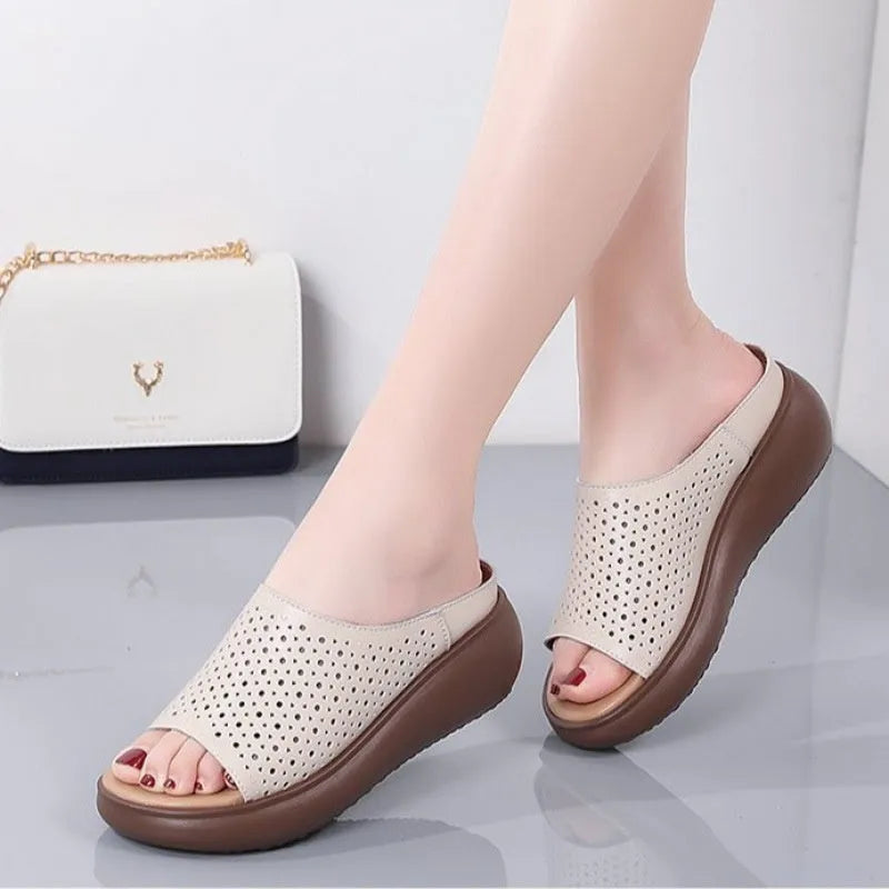 Peep toe platform heel women's slippers with ethnic pattern, PU upper, rubber sole, beige colour