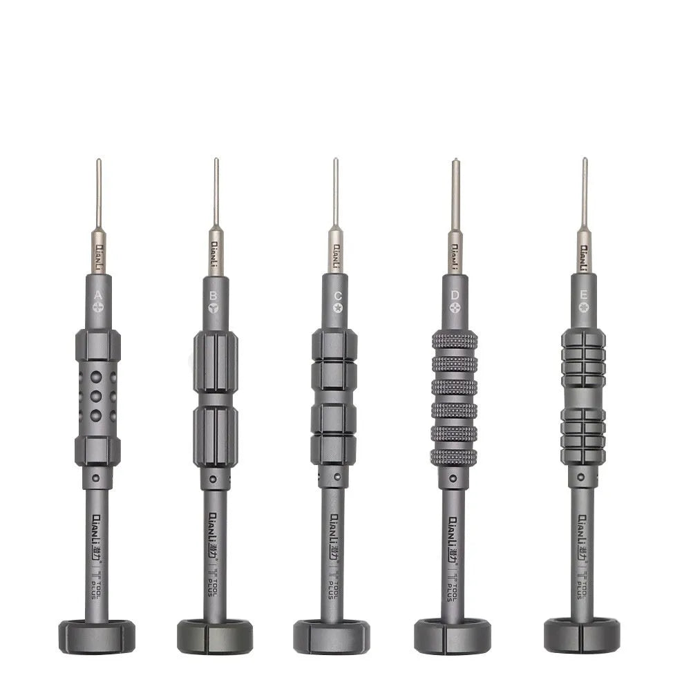 Precision screwdriver with grenade-shaped aluminium handle and multiple bit types for iPhone repair