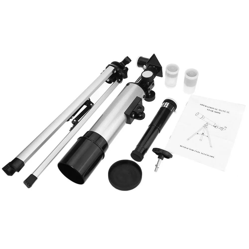 Outdoor monocular space telescope with optical glass lens, 50mm aperture, 360mm focal length, H20mm and H6mm eyepieces, and 34cm tripod