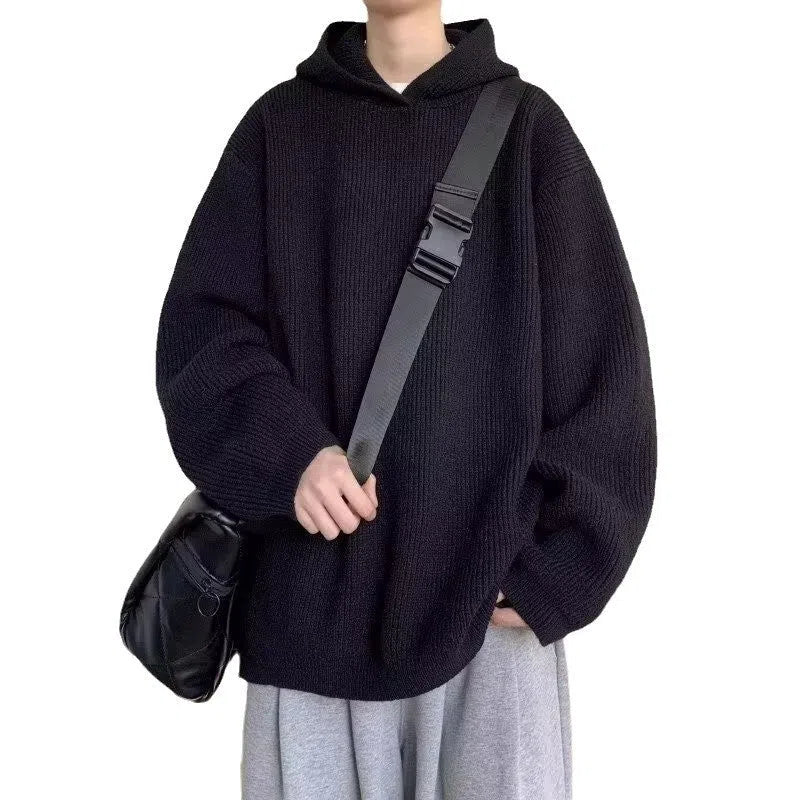 Men's loose fit hooded sweater in gray with long sleeves, shown as a front view pullover knitwear coat