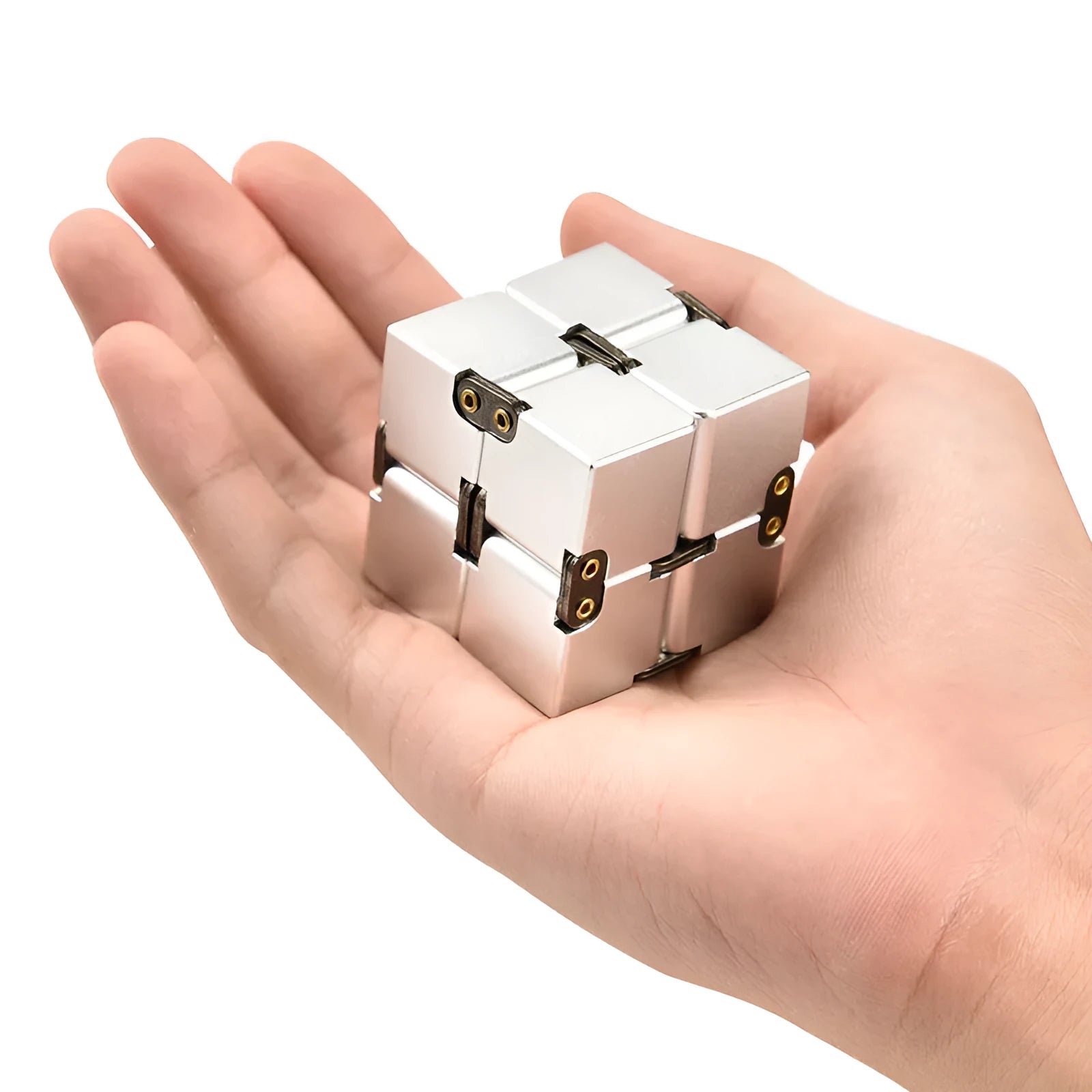 Zinc alloy infinity cube fidget toy in black or silver, showing rotating cubes on a 4cm scale.