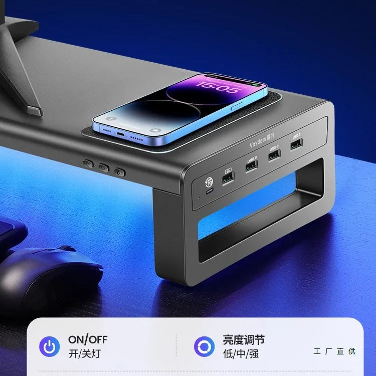 Desktop screen storage base stand with drawer, heightening rack, ABS PC metal build and USB charging options.