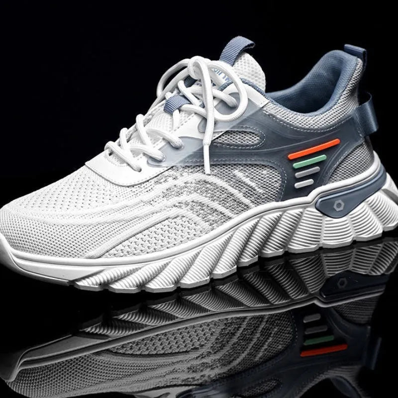 Men's white blue platform casual running shoes with cross shoulder straps and rubber sole