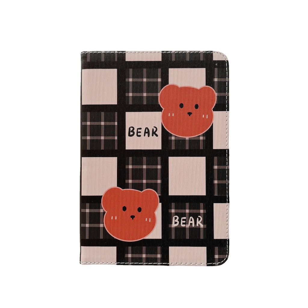 Cartoon protective flat case for iPad with black and brown plaid bear design, flip cover, silicone and TPU construction