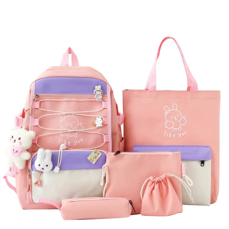 Lightweight nylon student school backpack in a choice of pink, black, purple, or blue solid colours.