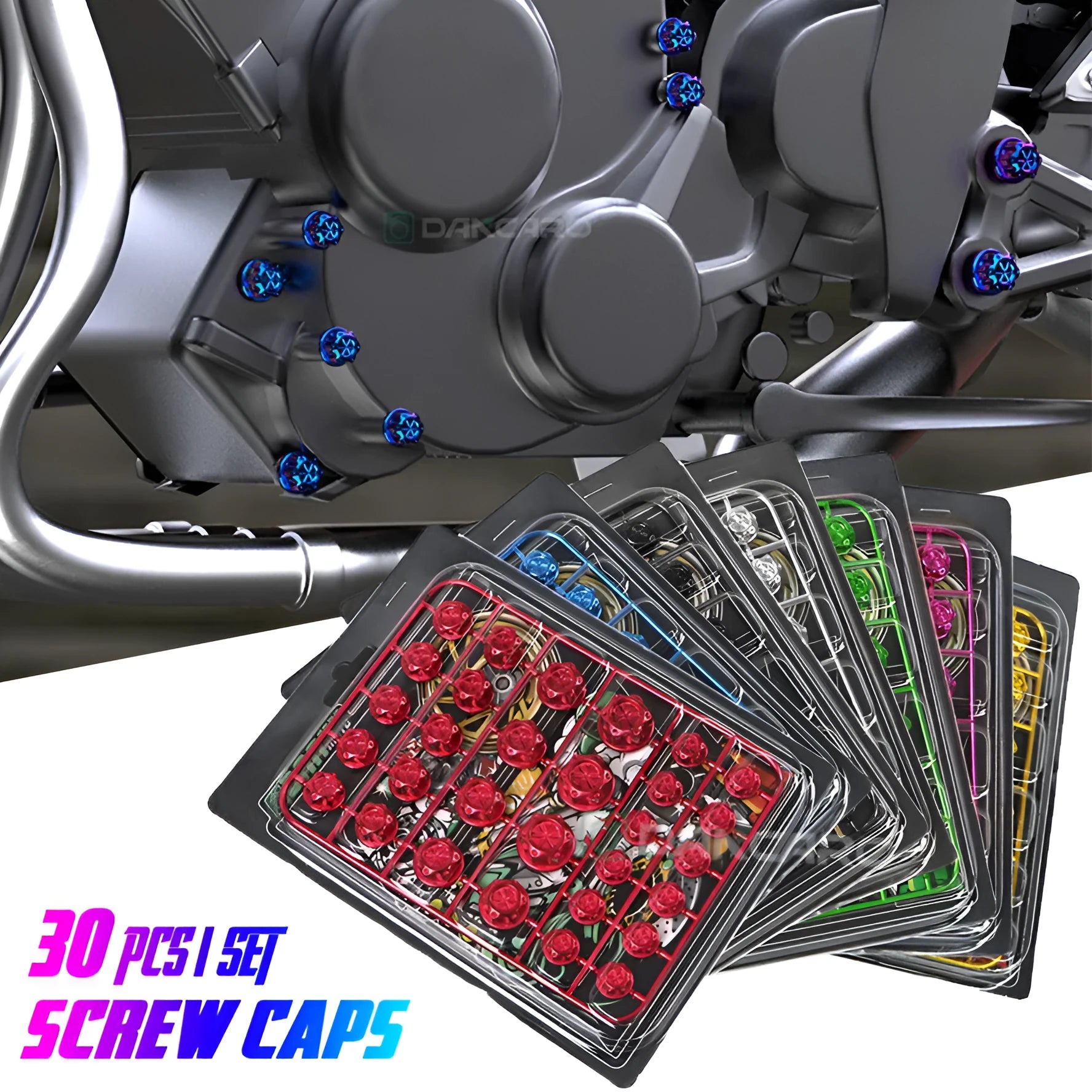 30-piece motorcycle engine screw cap set in eight colours including black, red, gold, blue, silver, green, orange, and purple