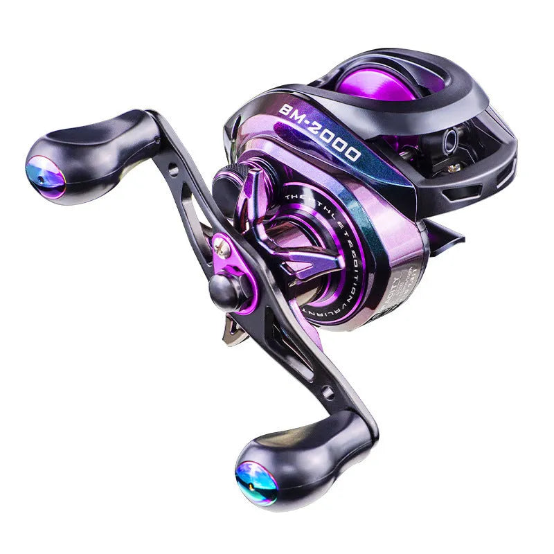 Colourful BM2000 fishing reel showing left-handed model with magnetic brake and water drop spool.