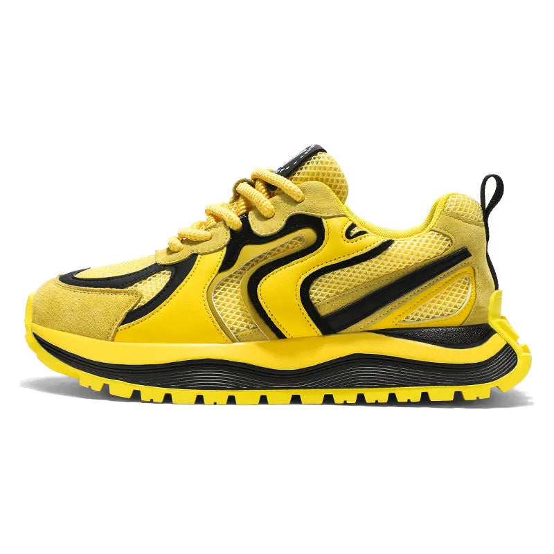 Men's casual sneakers in black, white, or yellow with round toe and lace-up design