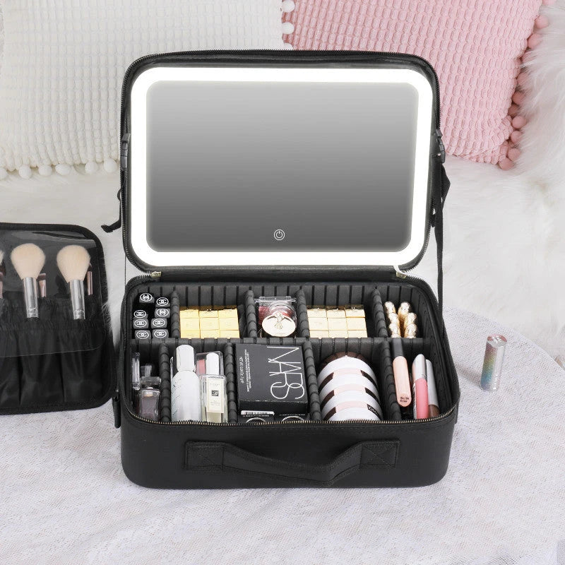 Luxury lighted vanity case with large storage compartment, adjustable professional lighting, and high-definition mirror for flawless on-the-go makeup application