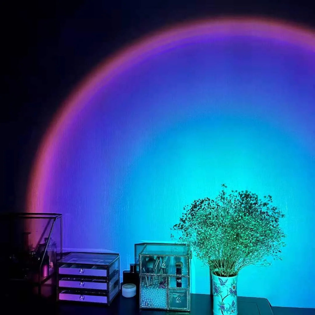 Sunset red rainbow projection lamp with USB power connection and push-button switch
