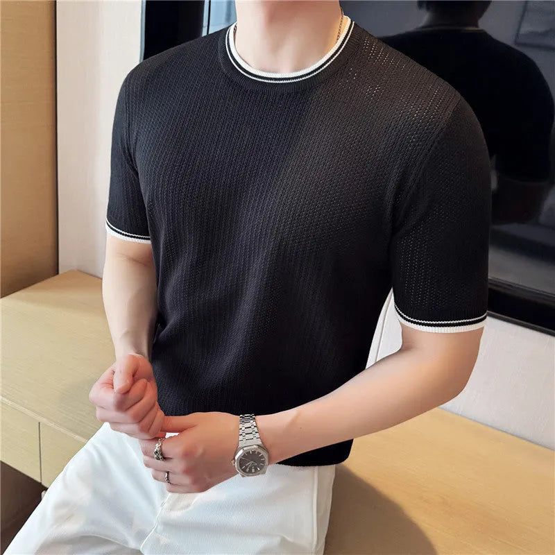 Men's round neck contrast colour stretch knitted t-shirt, short sleeve summer top in white, black or brown